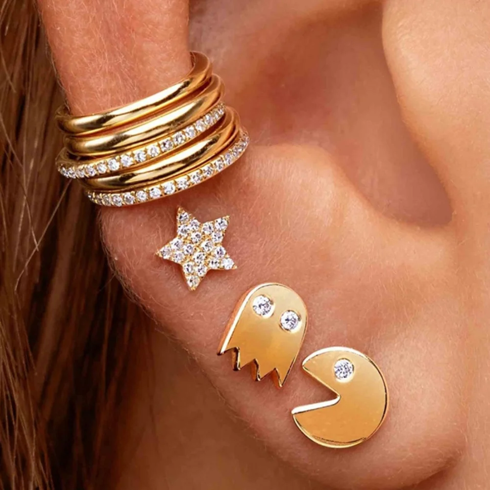 NEW 14k Gold Diamond Pac Man Stud Earrings - Picture 5 of 8